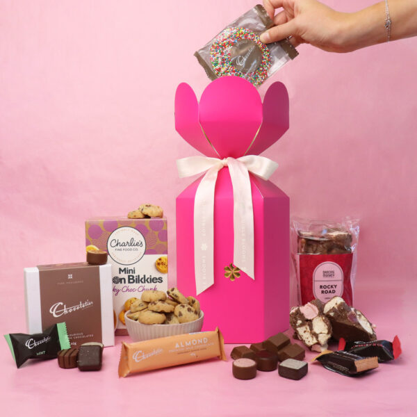 Pink  Chocolate Treat Box with Cookies, Rocky Road & Truffles - Small - Edible Blooms