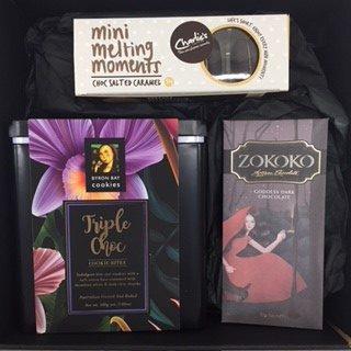 Corporate: Upside Custom Hamper Chocolate with Navy Blue Ribbon / Gold Logo