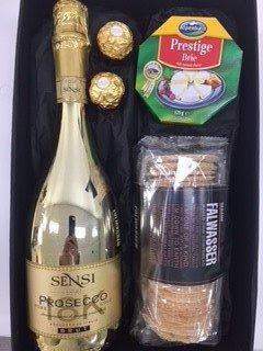 Corporate: Upside Custom Hamper Prosecco with Navy Blue Ribbon / Gold Logo Mamjo Gifts Corporate: Upside Custom Hamper Prosecco with Navy Blue Ribbon / Gold Logo